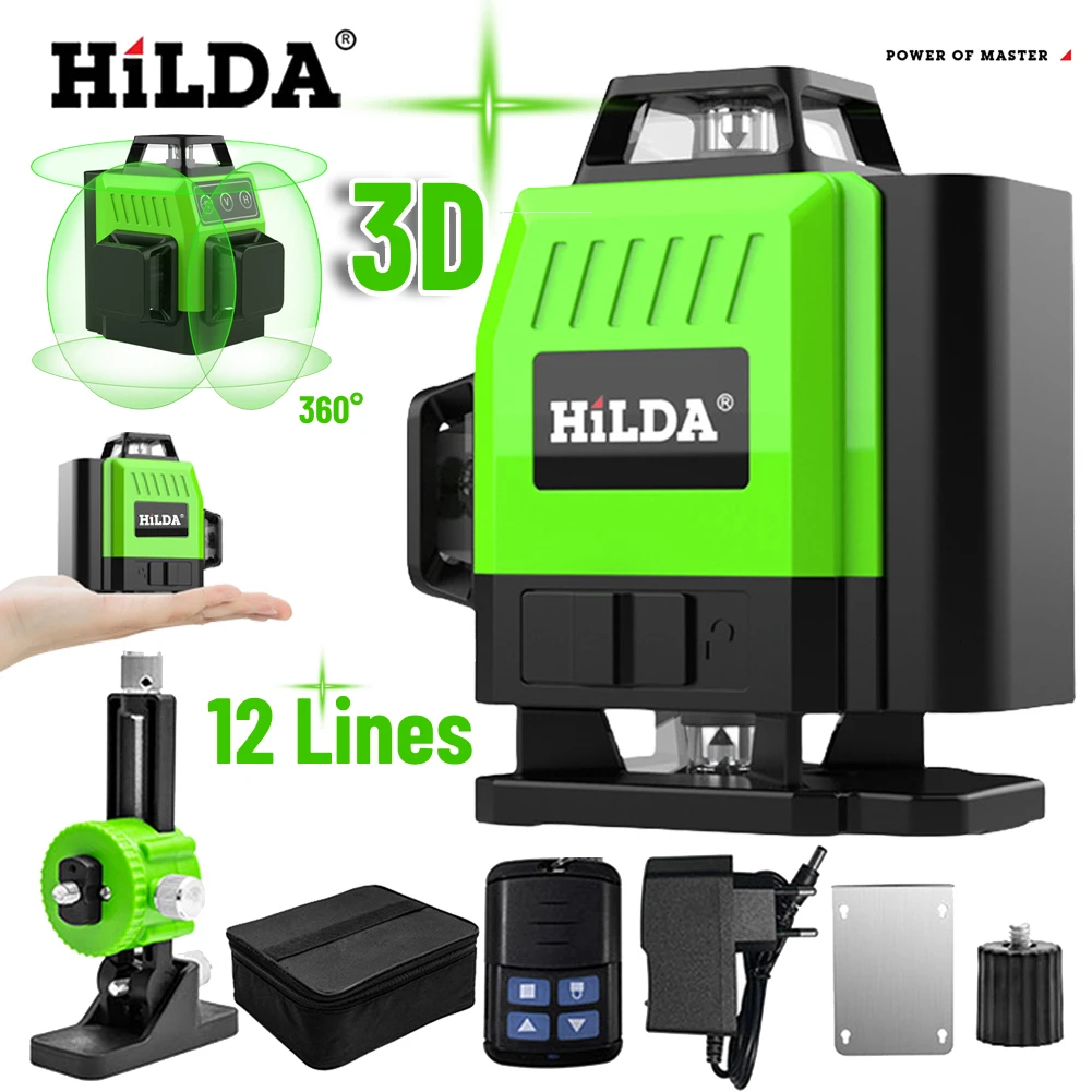 HILDA Mini Laser Level Meter 12 Lines 3D Self-Leveling 360&deg; Horizontal & Vertical Cross Line Green Laser Beam 3000mAh Instrument laser level