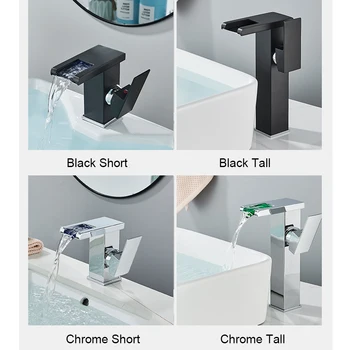 Black Tall LED Waterfall Basin Bathroom Faucet Deck Mounted Hot Cold Water Mixer Taps Three Color Change By Water Flow 4