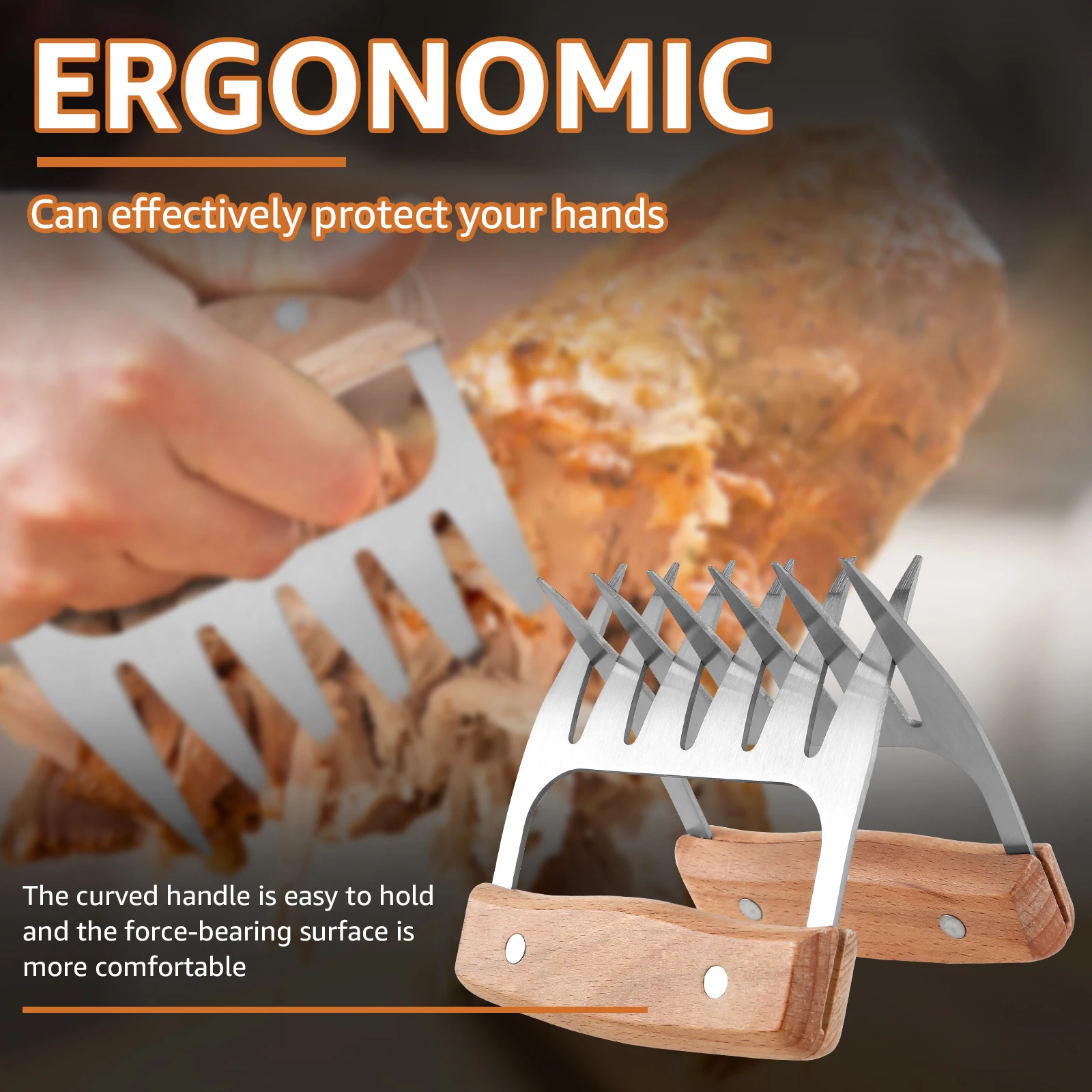 2Pcs Meat Shredder Claws Wood Handle Stainless Steel BBQ Meat Claws Efficient Pulled Pork Shredder Portable Pork Shredding