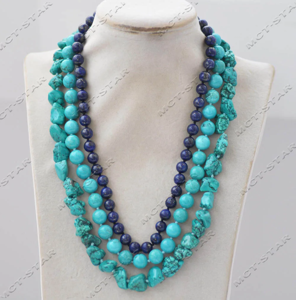 

Z13246 3row Natural Round Blue Lapis Lazuli Green Baroque Turquoise Necklace Custom Jewelry