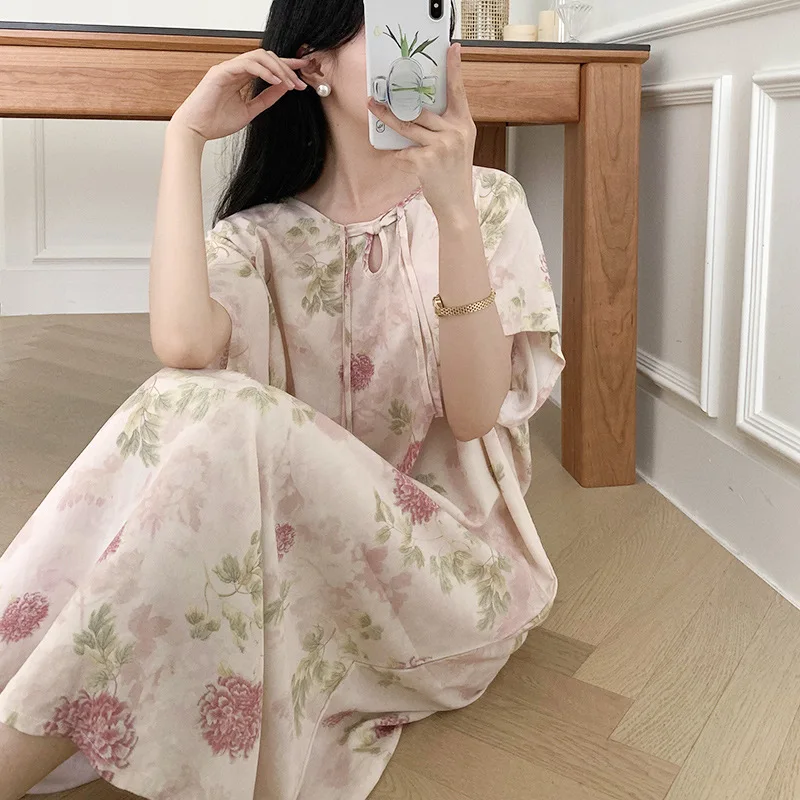 Nightgown Summer Cotton Silk New Thin Home Loose Casual Comfortable Premium  High-quality Affordable Ambiance National Style