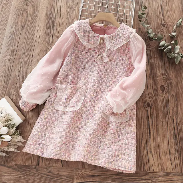 Spring Girls Princess Dress Long Sleeve Children Clothing Floral Sweet Family Party Wear Tulle Baby Girls Dress Vestidos 3-14Y xxf-pink