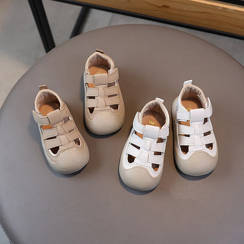 Baby Boy Sandals Summer Toddler Beach Shoes Little Kids Soft PU Leather Close-toed Sandals For Baby Khaki, White