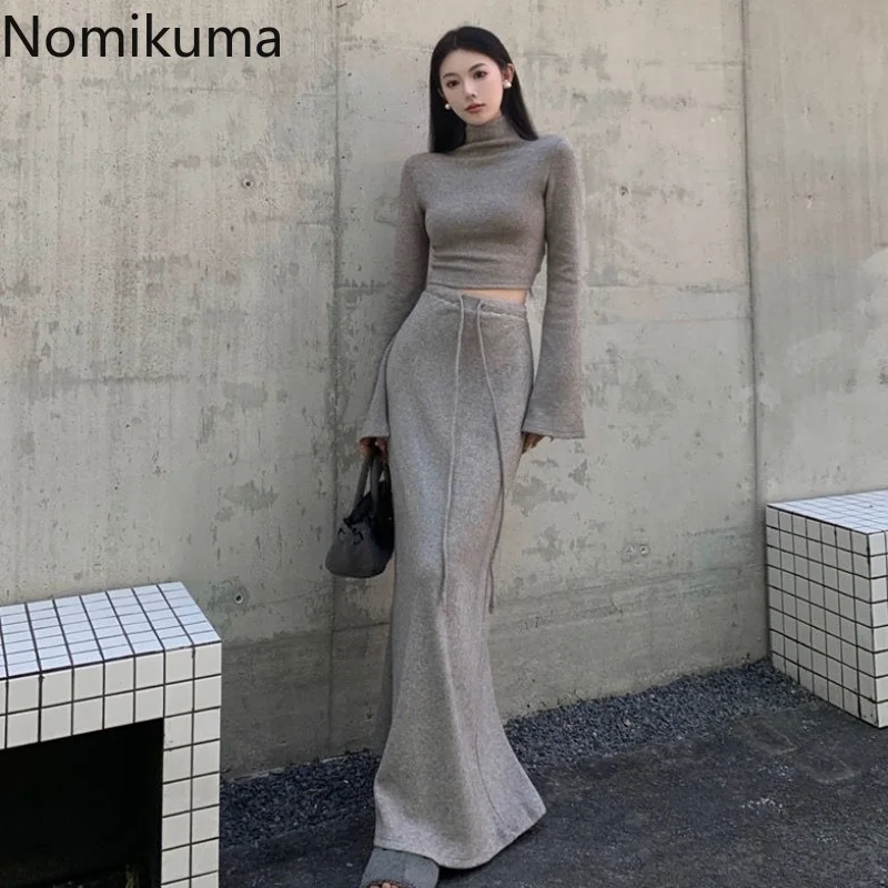 

Nomikuma Fashion Sexy Spring Autumn Outfits Flare Sleeve Turtleneck Crop Top + High Waist Skirts Harajuku Casual Two Piece Sets