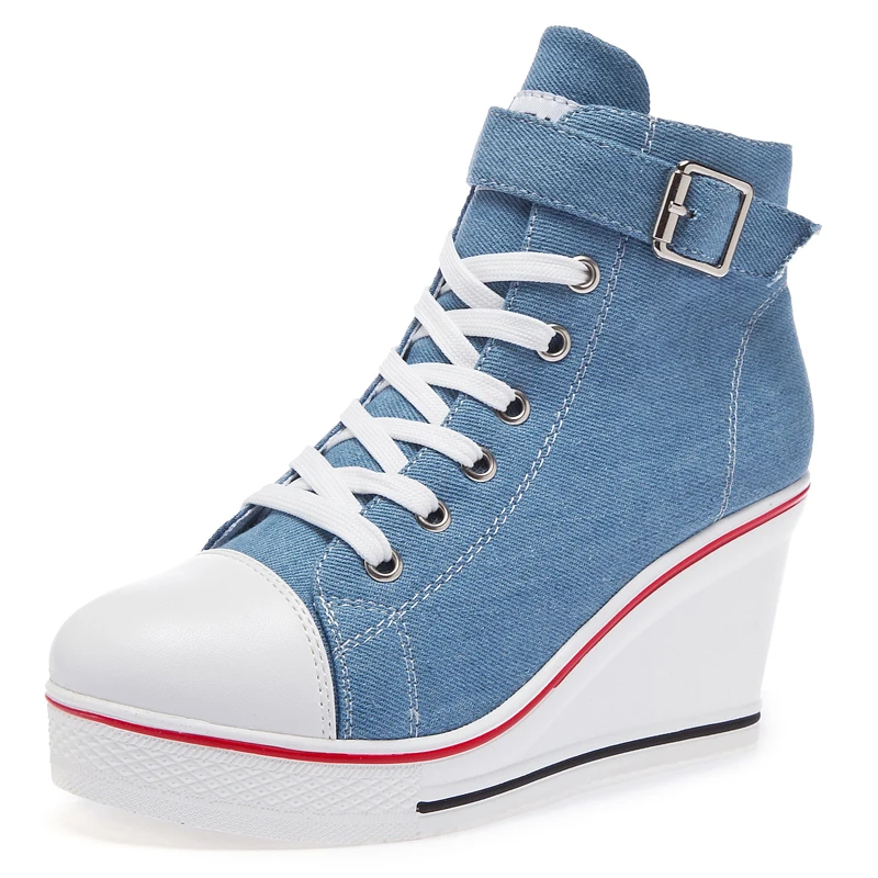 Women High Top Canvas Sneakers Wedges Shoes Women's Denim Ankle Lace Up Ladies Ankle Canvas Shoes Woman  size 35-43