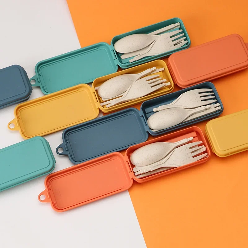 Wheat Straw Dinnerware Set 4pcs Portable Tableware Knife Fork Spoon Chopsticks Set Travel Cutlery Eco-Friendly Utensil Box cutlery set,western style cutlery set,picnic cutlery set,stainless steel cutlery set,picnic tableware,camping cutlery set,wooden cutlery set