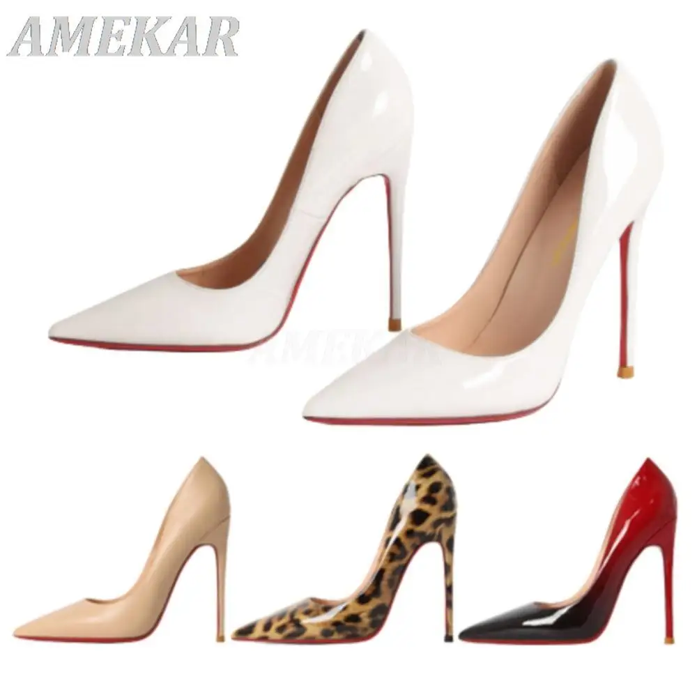 

Luxury Brand Pumps For Women Red Shiny Bottoms Patent Leather Pointed Toe High Heel Shoes Lady Fashion Thin Heel Wedding Shoes