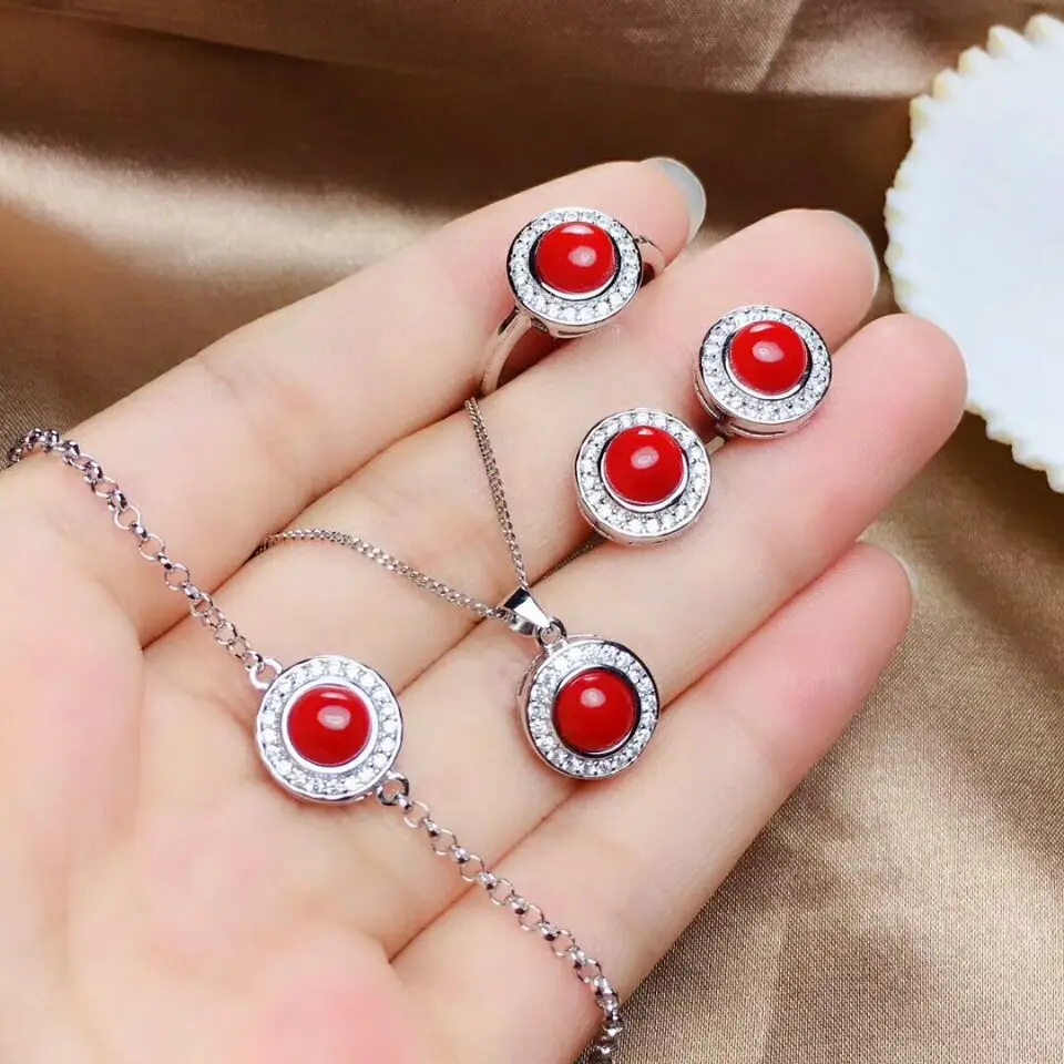 

MeiBaPJ Natural Round Red Coral Gemstone Jewelry Set 925 Silver Ring Necklace Earrings 3 Pieces Suits Wedding Jewelry