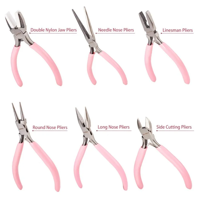 6pcs 45# Carbon Steel Jewelry Pliers Pink Anti-slip Handle Fixing Tools for DIY Jewelry Making Handmade Accessories Hand Tool