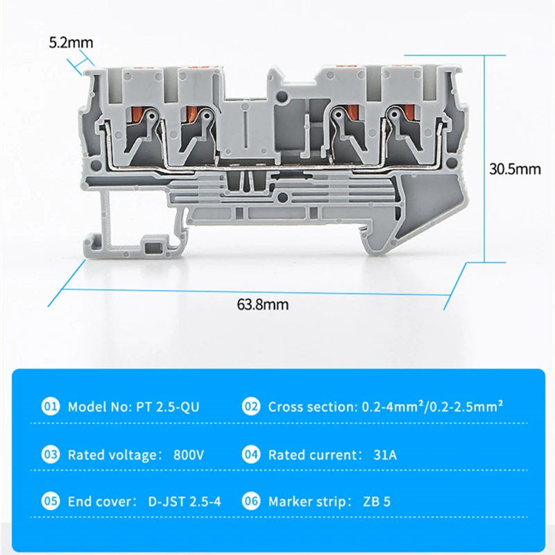10Pcs Terminal Block PT2.5-QUATTRO 4 Conductors Din Rail Electrical Wire Spring Connection Push In Conductors Wire Connector din rail terminal block,wire connectors