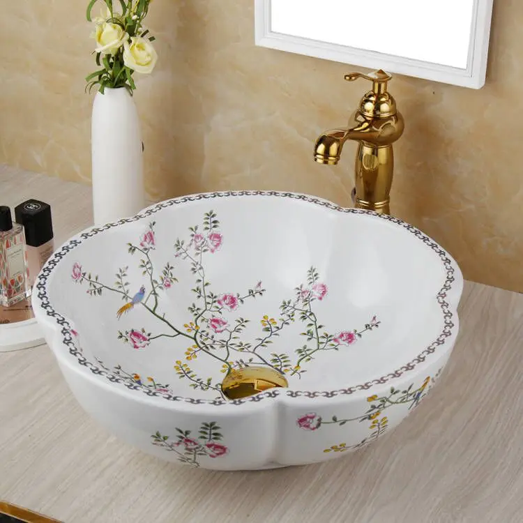ZAPPO Above Counter Ceramic Vessel Sink For Bathroom Round Petal Shaped Flower & Bird Pattern Wash Basin Bowl Sinks With Faucet
