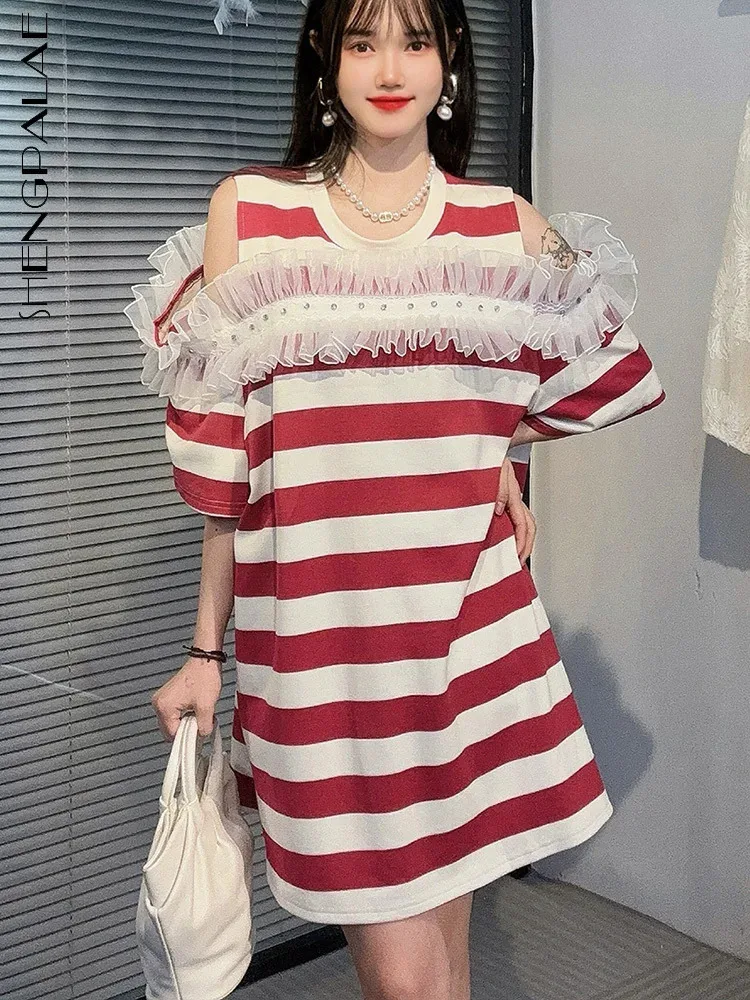 

Женская длинная футболка в полоску SHENGPALAE, Свободный Топ в полоску с открытыми плечами и коротким рукавом, с деревянными ушками, лето 2024