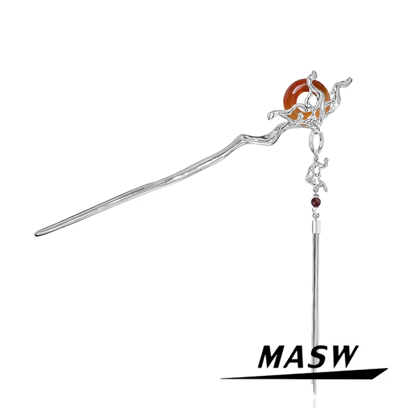 MASW 오리지널 디자인 빈티지 젓가락 스톤 체인 태슬 댕글 머리핀, 여성용 ..