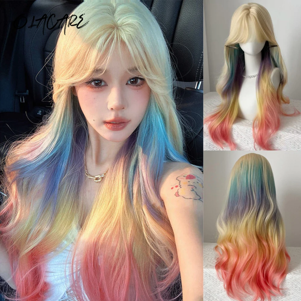 Synthetic Rainbow Ombre Wig with Bangs for Women