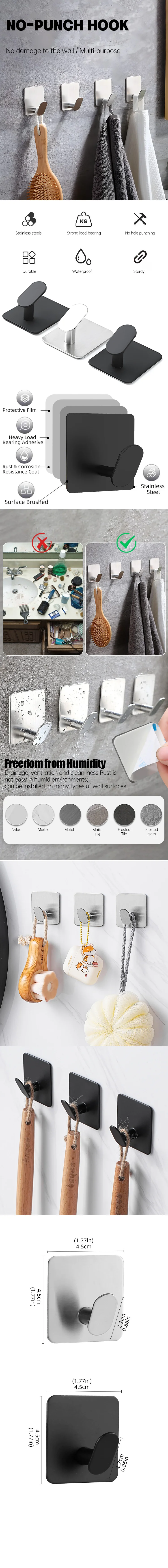 Description Picture 2 of item1/3/5/10pcs Stainless Steel Hooks Adhesive Wall Hook Bathroom Towel Holder Hardware Key Rack Multi-Purpose Kitchen Organizer