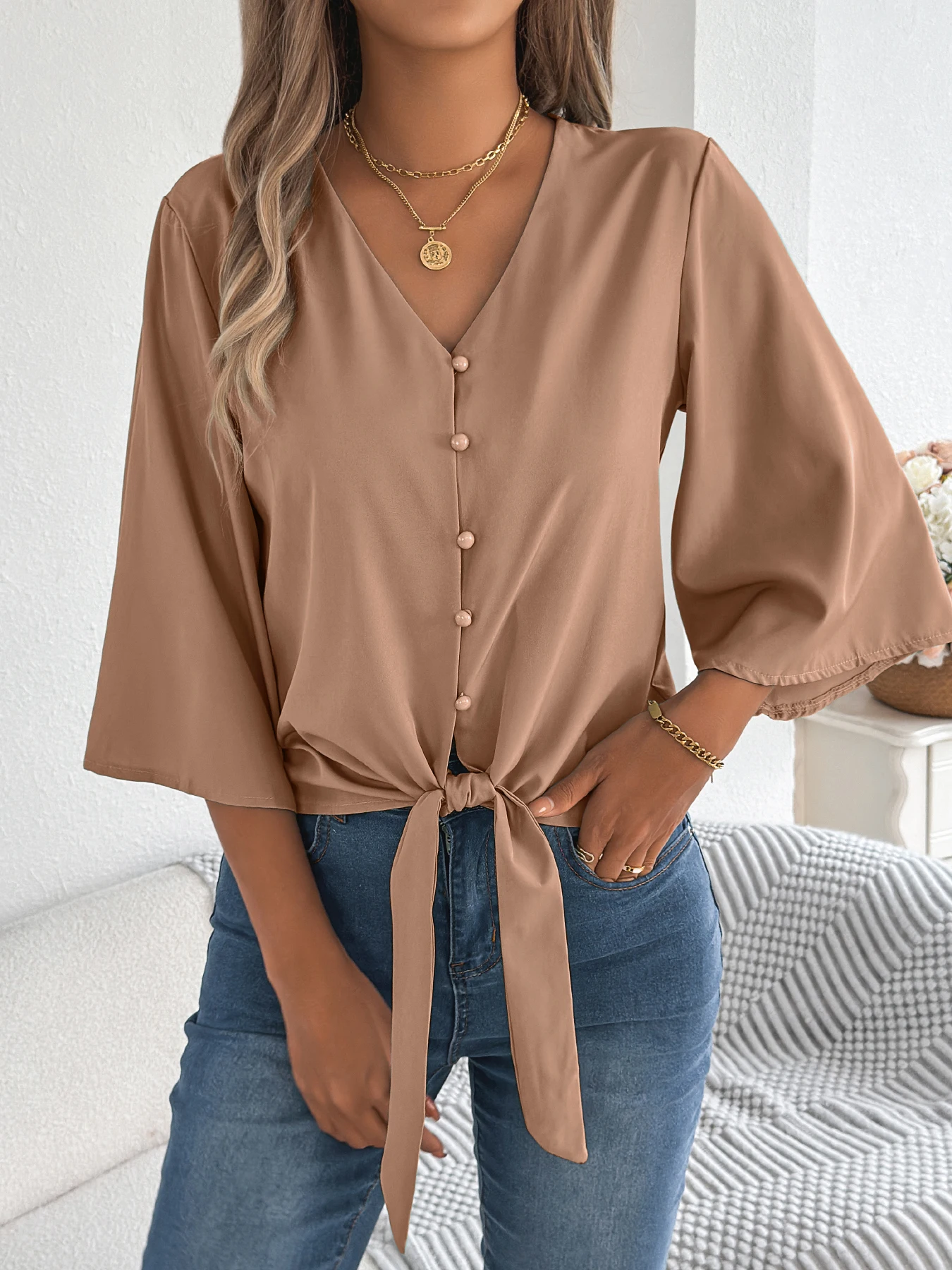 Women Autumn Casual Shirt V Neck Long Sleeve Lace Up