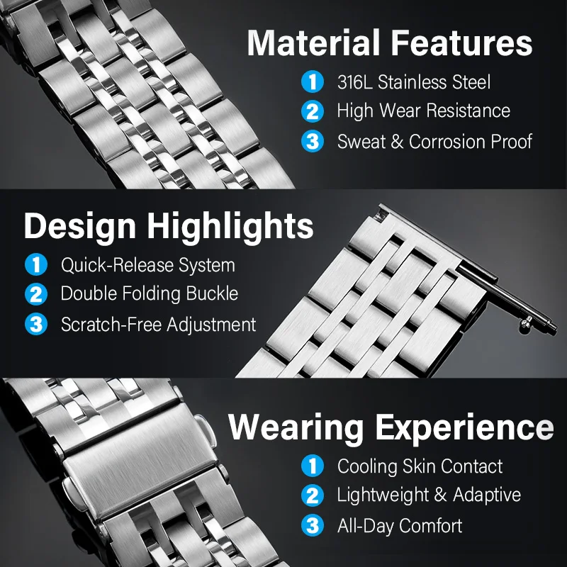 Elegant Solid Steel Watch Strap with Stainless Steel Butterfly Clasp