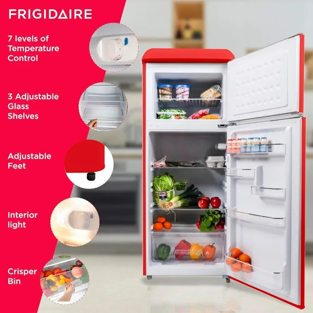Door Apartment Size Retro Refrigerator with Top Freezer, Chrome Handles, 7.5 cu ft, red