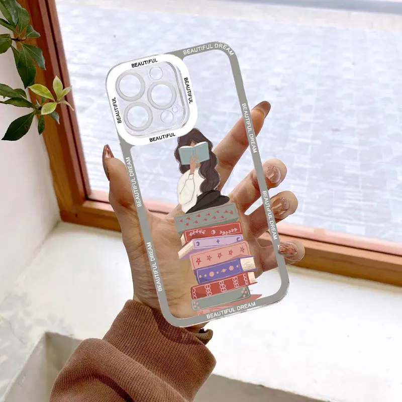 Lesebuch und Kaffeemädchen, transparente Handyhülle, niedliche Hülle für iPhone 15 13 14 12 11 Pro Max X XS XR 7 8 Plus SE2, transparente Hülle – Detail 1