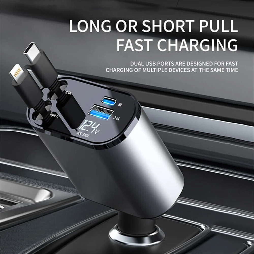 

120W 4 IN 1 Retractable Car Charger USB Type C Cable For Fast Charge Cord Cigarette Lighter Adapter