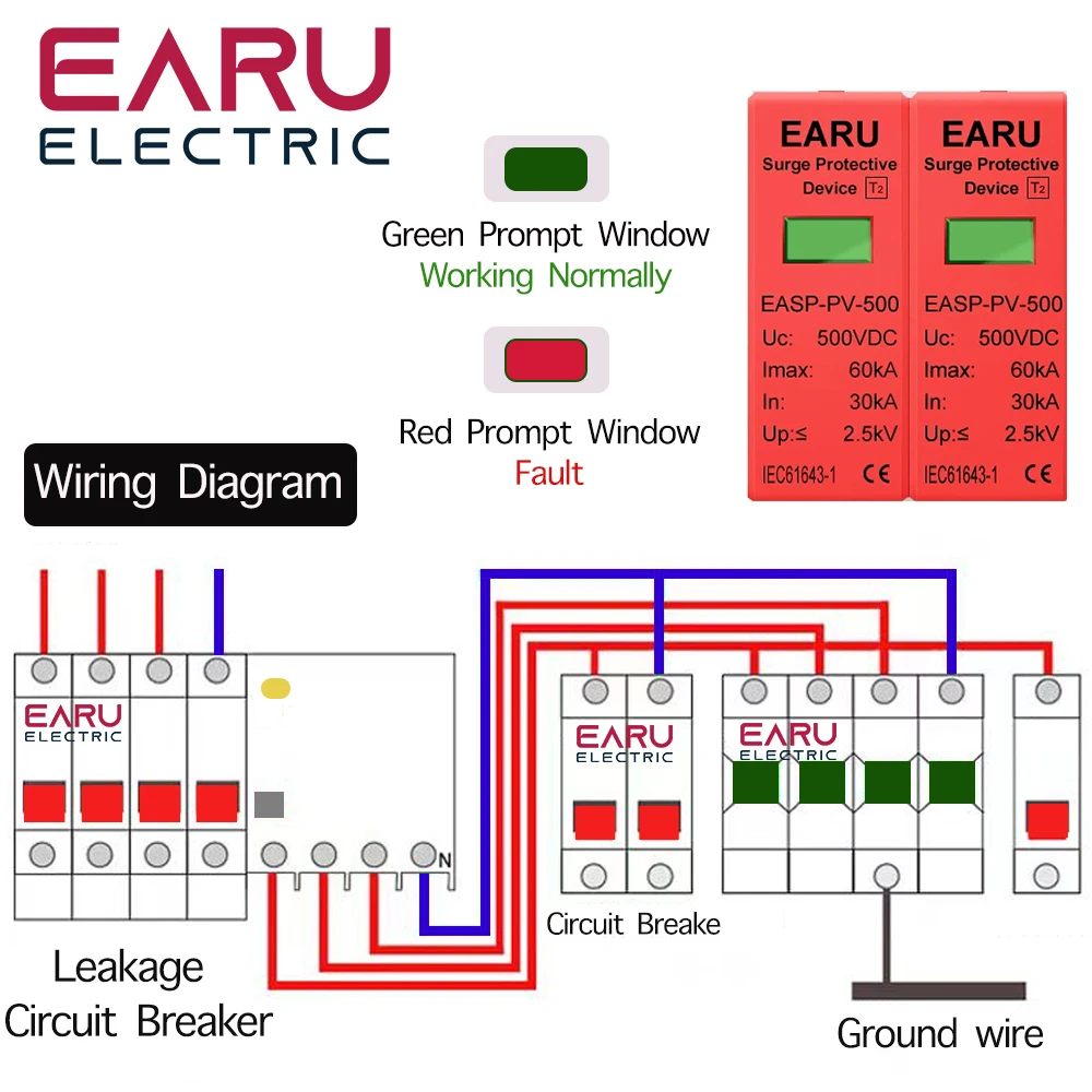 Earu EASP-PV-500 SPD surge protection device low voltage lightning arrester for homes 1/2/3/4 poles surge protection DC 500V 800V 1000V 40KA 60KA - Image 4