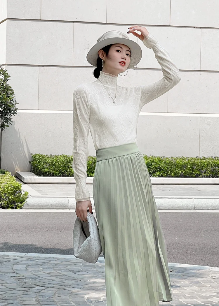 Women's Fine Wool Silk Sweater, Lace Half-High Collar, Lotus Leaf Sleeve Pullover, Bottoming Shirt, Knitting Tops Spring, Autumn