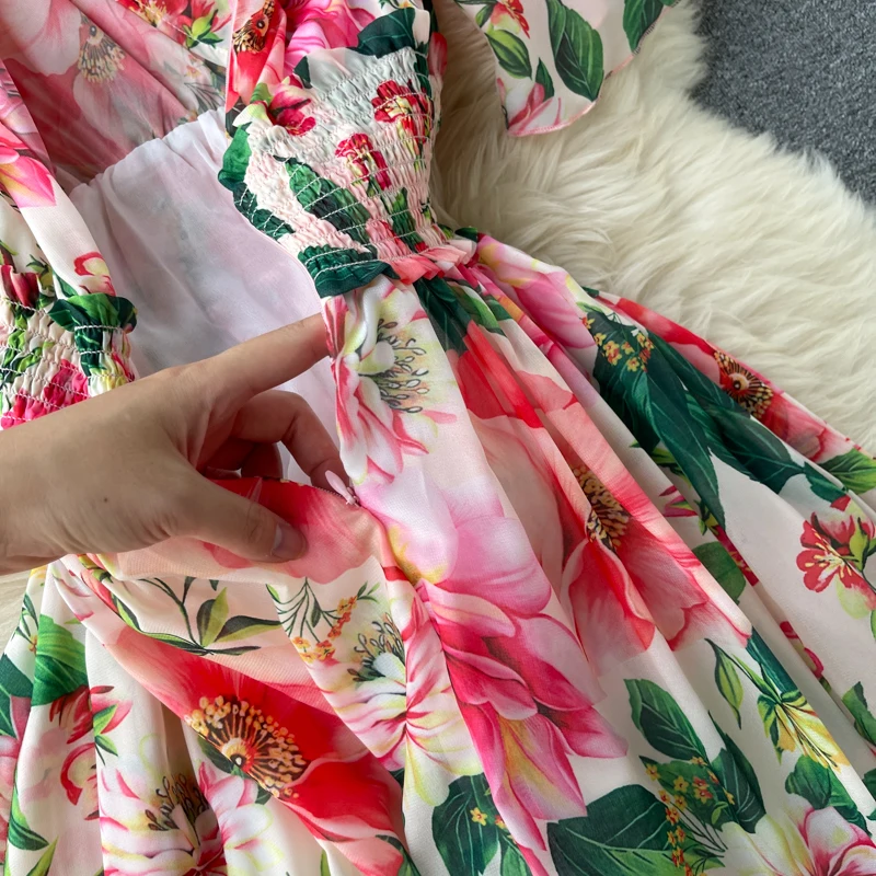 Elegant Party Dress Women Chiffon Printed Floral Long Dresses Ladies Short Sleeve Sexy V-neck Beach Maxi Dress Vestidos