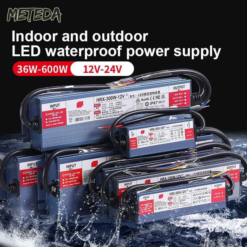 IP67 กันน้ําแหล่งจ่ายไฟ DC 12V 24V LED กลางแจ้งหม้อแปลงไฟฟ้า LED 60W 100W 200W 300W 400W 500W 600W 1