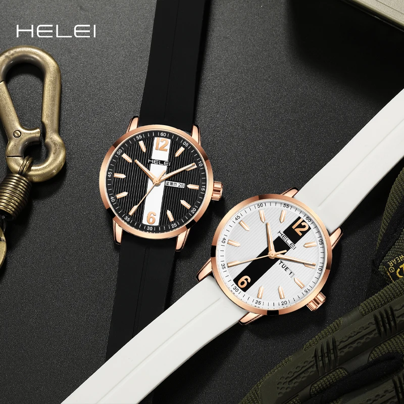 HELEI2024 Business Men's Quartz Watch 2024 Fashion Simple Silicone Waterproof Men's Watch Date Display Innovative Design Dial