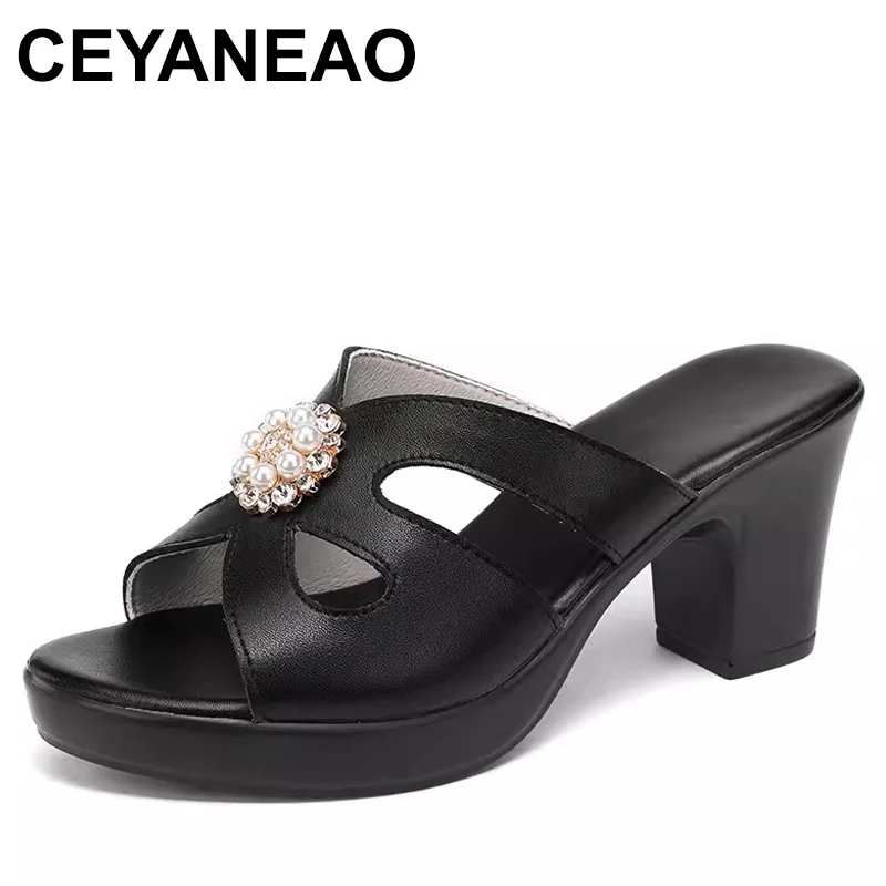 

Rhinestone Women sandals comfortable geuine leather thick heels women's casual shoes summer platform slippers