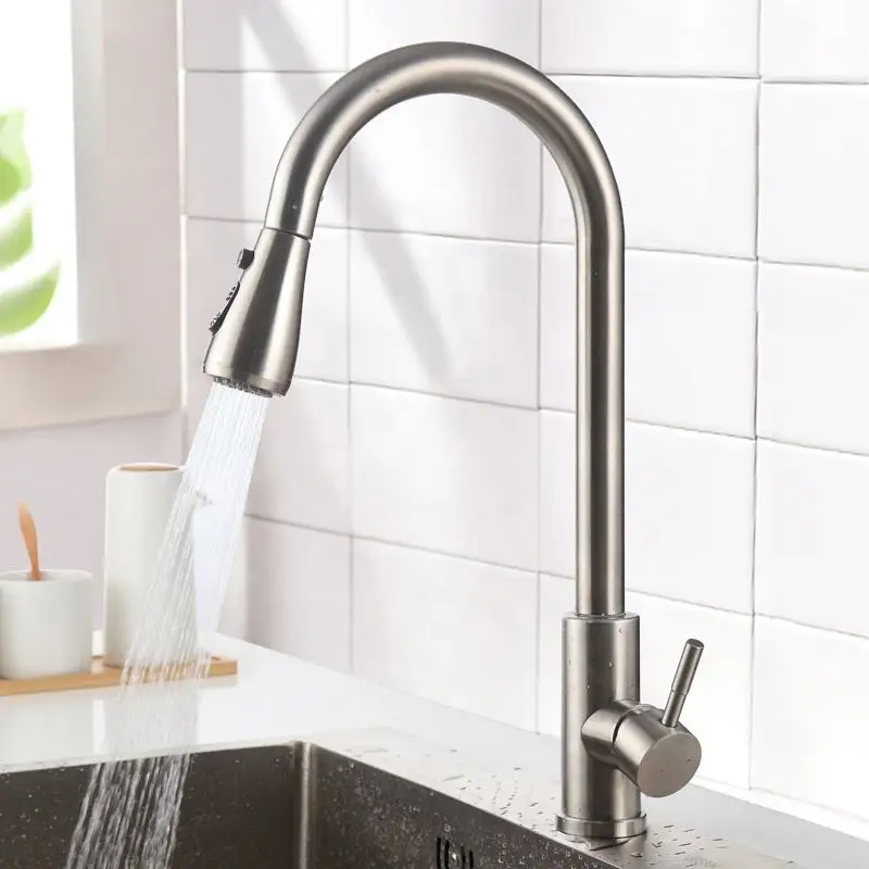 Kitchen Faucet Brushed Nickel Color Surface Hot and Cold Water Faucet Kitchen Sink Faucet Pull-out Kitchen Faucet Single Hole