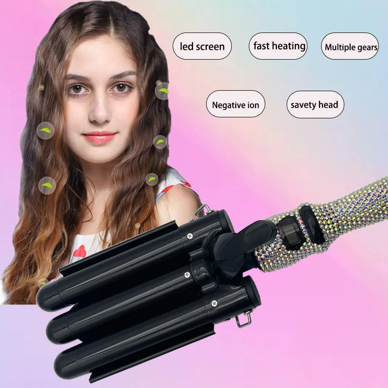 Curling Weave Iron Wand with Rhinestones Three Barrel LCD Temperature Display 1 Inch Ceramic Triple Barrels Crimp for Long Hair