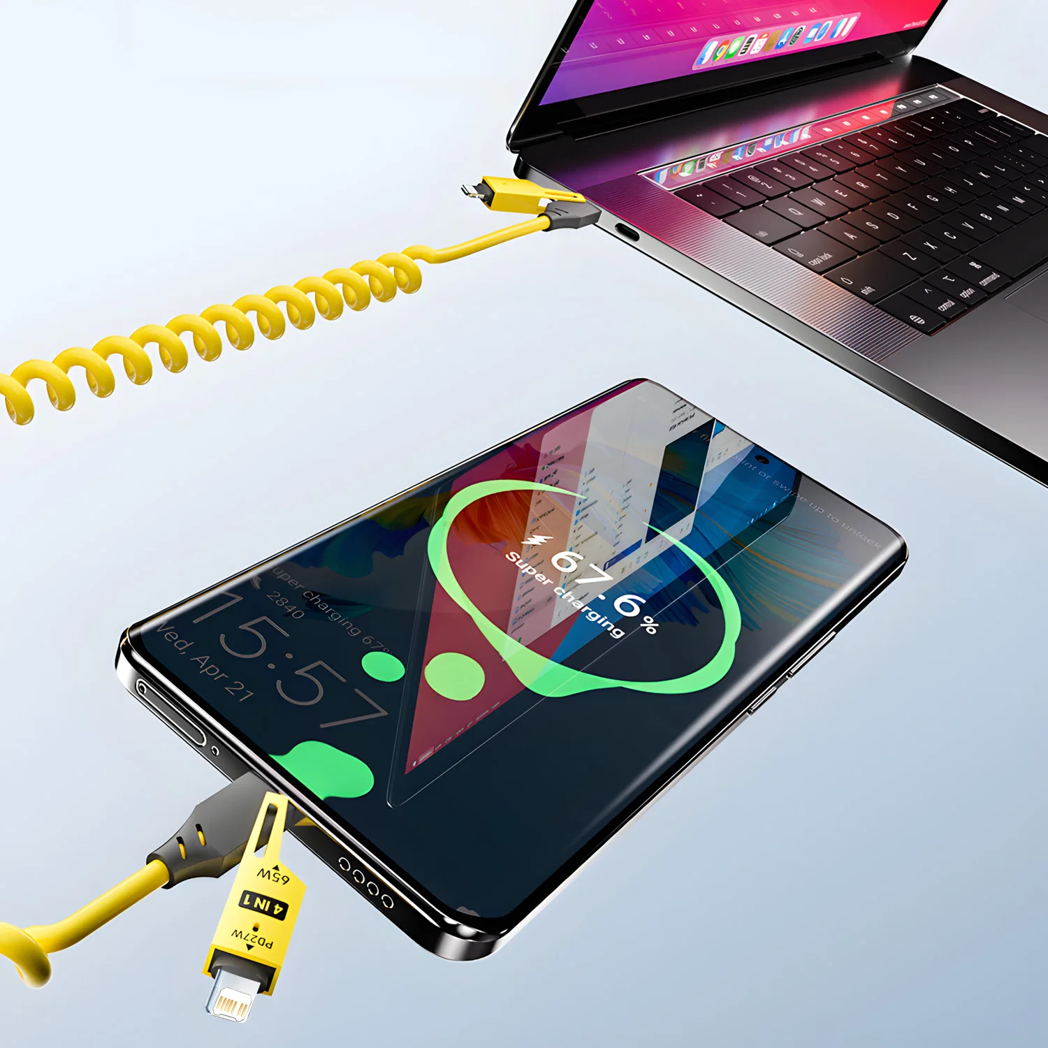 차량용 4-in-1 코일 USB C 케이블 [240W 고속 충전] iPhone15 14 13 12 /iPad 안드로이드용 USB C - L/Type C/USB A 케이블 충전기