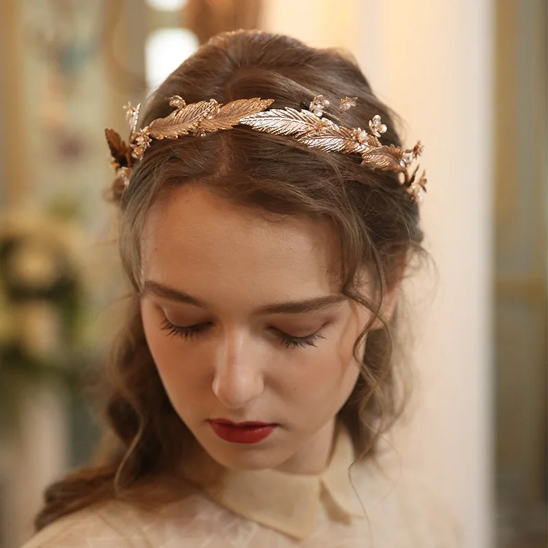 Gold Leaf Flower Wedding Tiara Bridal Hair Crown Vintage Women Party