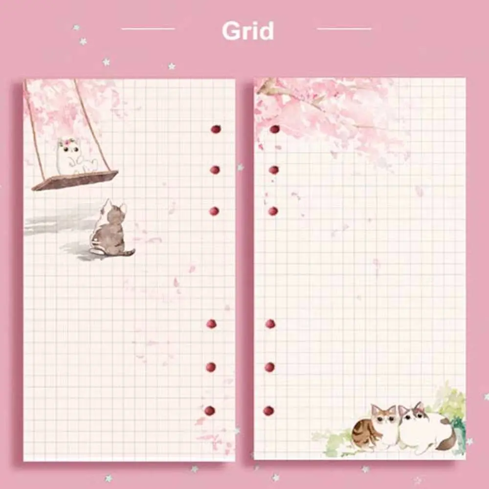 느슨한 잎 사쿠라 및 고양이 바인더 빈 Agendapages 노트북 내부 페이지 라인 페이지 그리드 페이지 삽입 종이 방명록, 80 매