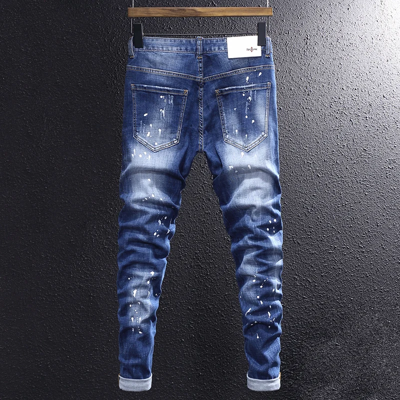 Fashion Designer Men Jeans Retro Blue Elastic Slim Stretch Ripped Jeans Men Painted Trousers Street Vintage Denim Pants Hombre
