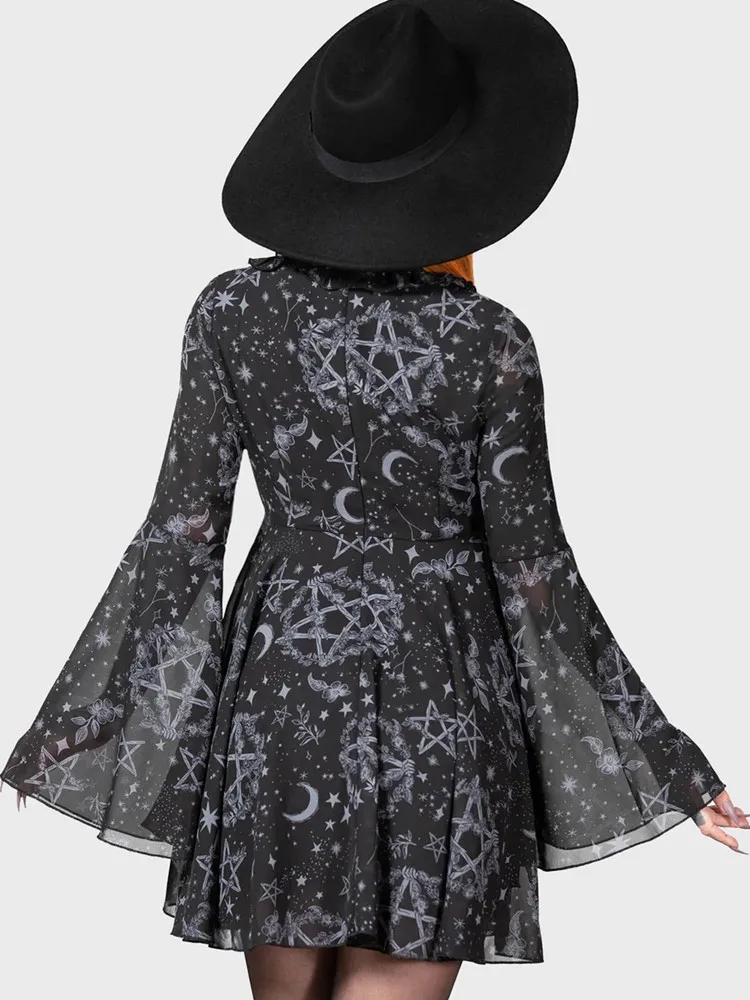 Yangelo Grunge Aesthetic Women Gothic Square Collar Pullover Long Horn Sleeve Dress Chiffon Graphic Moonstar Nigh Club Cloths