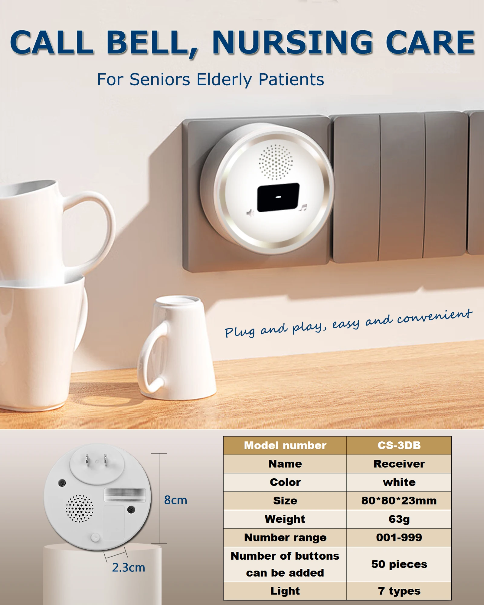 Elderly Call Button Wireless Caregiver Pager System with Light Personal Buzzer Alarm 2 Portable Transmitters 1 Plugin Receiver