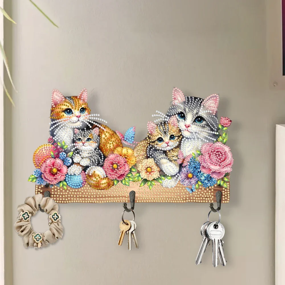 Wooden Special Shaped Warm Animal Family Diamond Art Hanging Hooks Rhinestone Painting Keychain Hanger DIY Crafts Decor