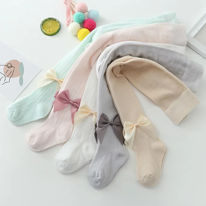 Summer Girls Pantyhose Soft Cotton Breathable Mesh Bow Tie Decor Tights Stockings Princess Babys Kids Anti-mosquito Leggings kids pantyhose,toddler tights,kids leggings
