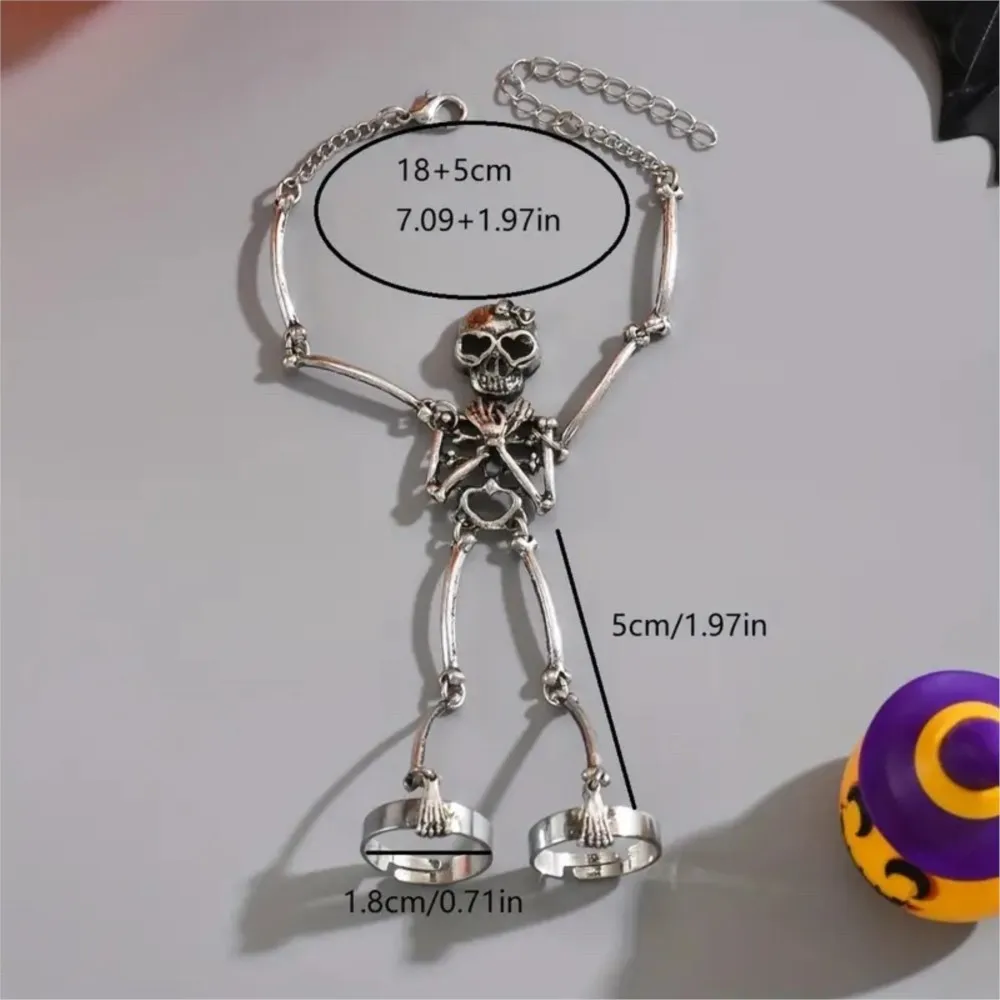 Silver Color Gothic Punk Geometric Hollow Skull Skeleton Link Ring Bracelet for Women Hip-hop Bracelets Halloween Jewelry Gifts