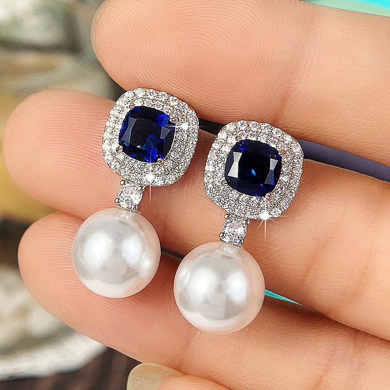 Huitan Elegant Imitation Pearl Earrings with Blue/White