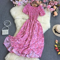 2026 New Fashion Summer Flower Print Long Dress Women Vintage Slash Neck Ruched Chest A Line Sundress Party Vestidos - Image 3