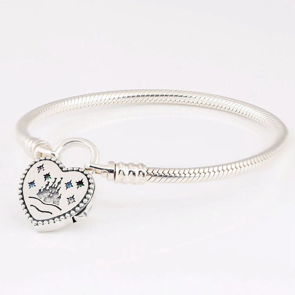 

925 Sterling Silver Moments Disn Fantasyland Castle Heart Fashion Snake Chain Bracelet Fit Women Bead Charm Gift DIY Jewelry