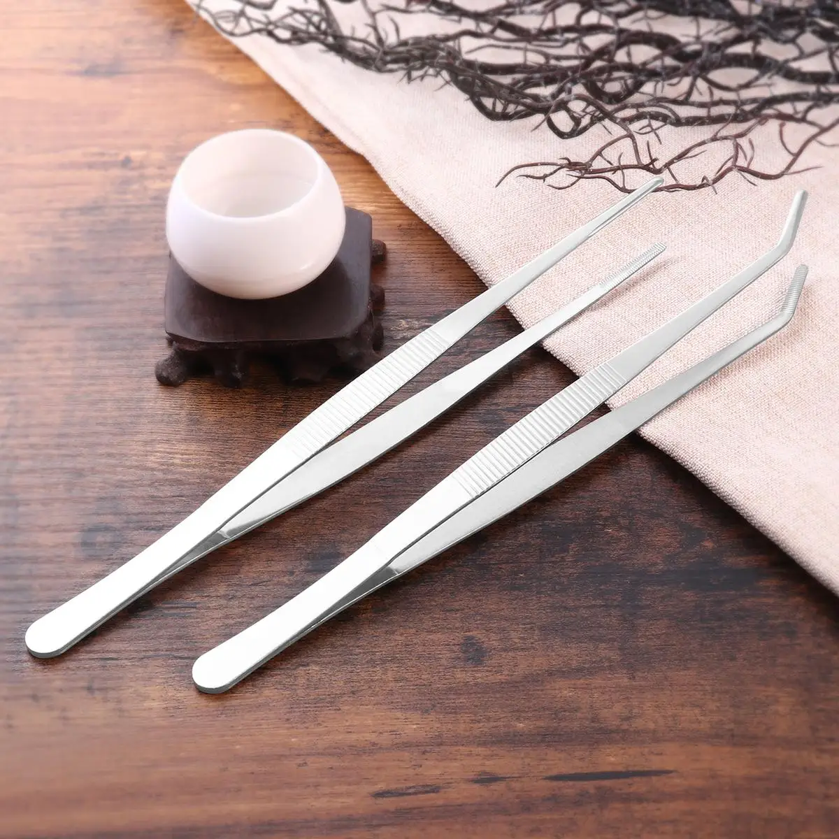 Straight Curved Stainless Steel Tweezers Set Silver Durable Industrial Hand Tools Angled Feeding Tongs Professional Use