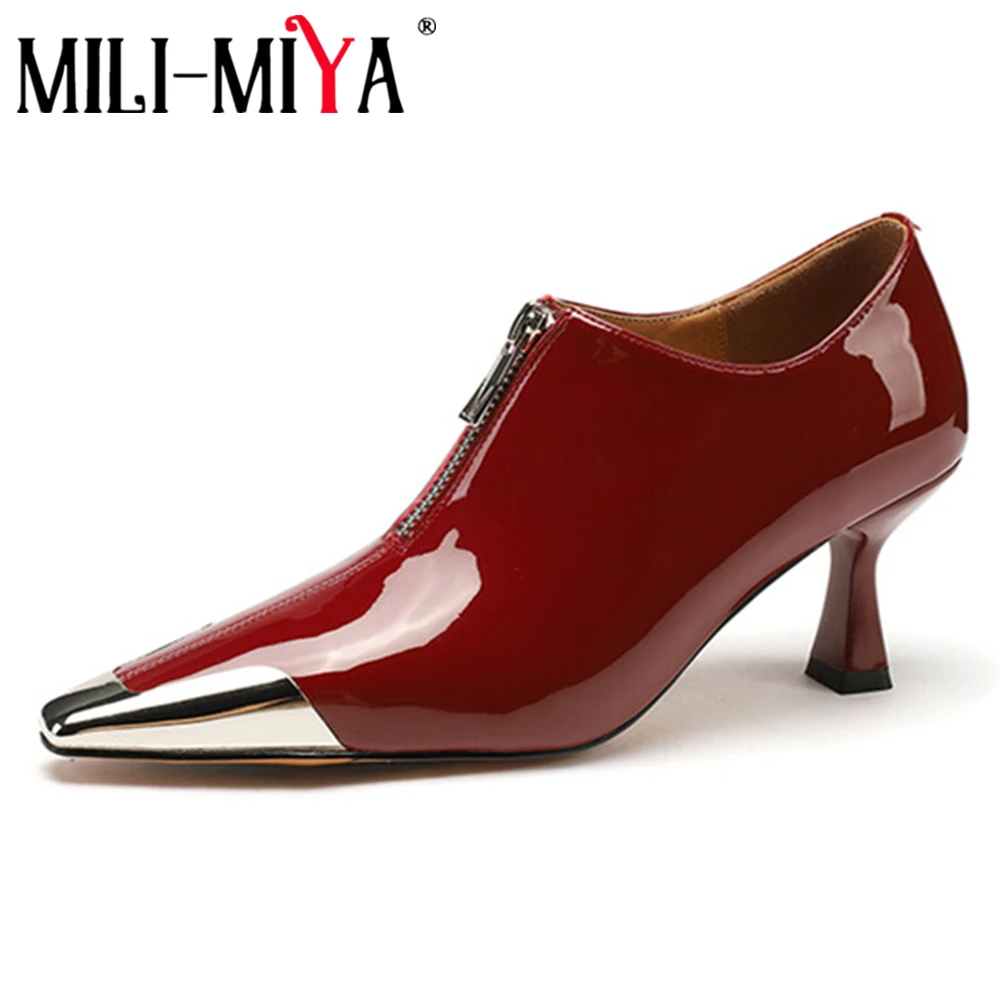 

MILI-MIYA Fashion Pointed Toe Women Cow Patent Leather Pumps Middle Zippers Thick Heels Solid Color Dress Party Shoes Handmade