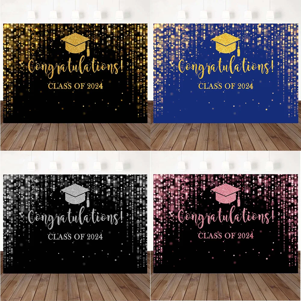 

2024 Graduation Party Class Black and Gold Flash Photography Background Congratulations on Graduation Ball Decoration Props