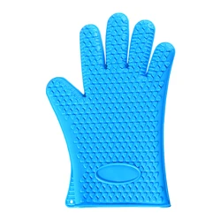 Silicone Heat Resistant Oven Mitts with Full Finger and Wrist Protection (Blue)