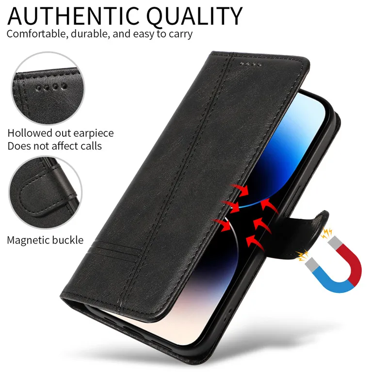 Retro Lines Leather Flip Wallet Case with Card Slot - Stylish and Functional Phone Cover