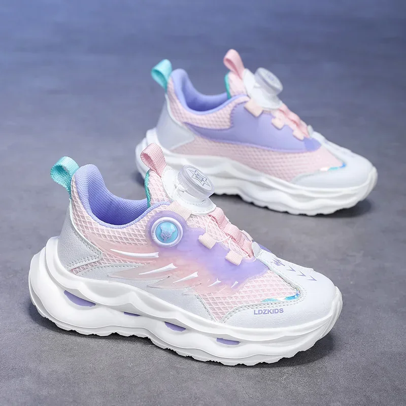 Children's Casual Sneakers Boys and Girls' Sports Shoes Spring New Mesh Breathable Rotating Button Kids' Running Shoes